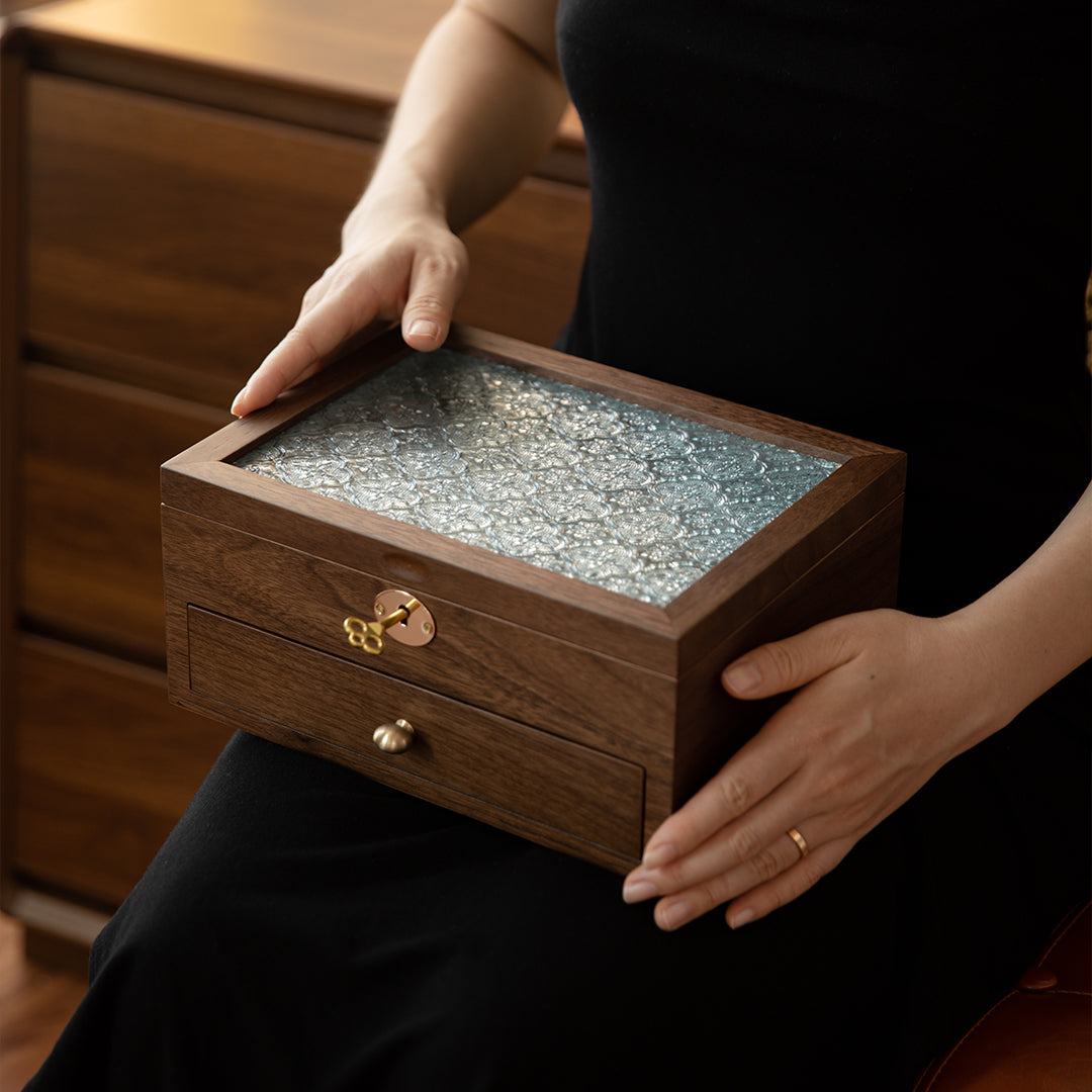 Lockable Wooden Jewelry Storage Box with Glass Lid