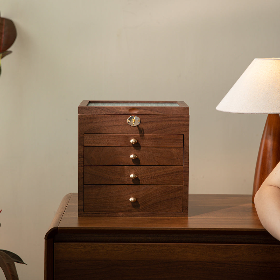 Lockable Wooden Jewelry Storage Box with Glass Lid