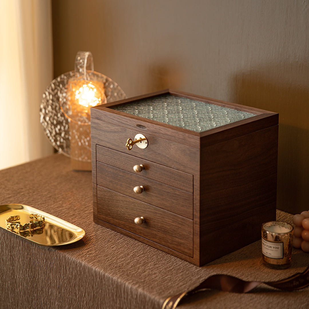 Lockable Wooden Jewelry Storage Box with Glass Lid