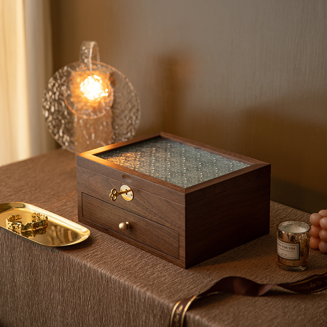 Lockable Wooden Jewelry Storage Box with Glass Lid