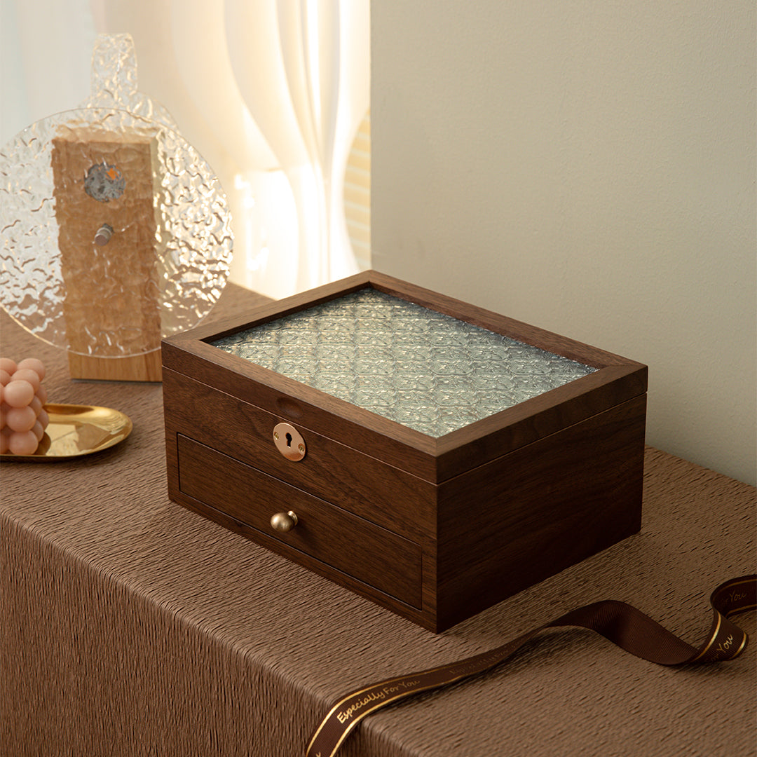 Lockable Wooden Jewelry Storage Box with Glass Lid