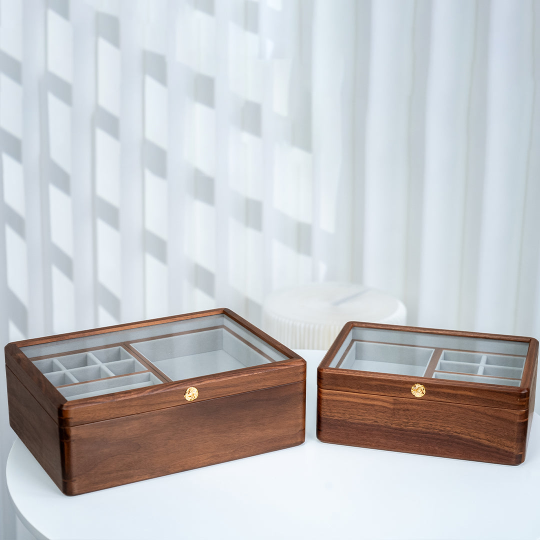 Solid Walnut 2-Layer Jewelry Box with Top Glass Lid