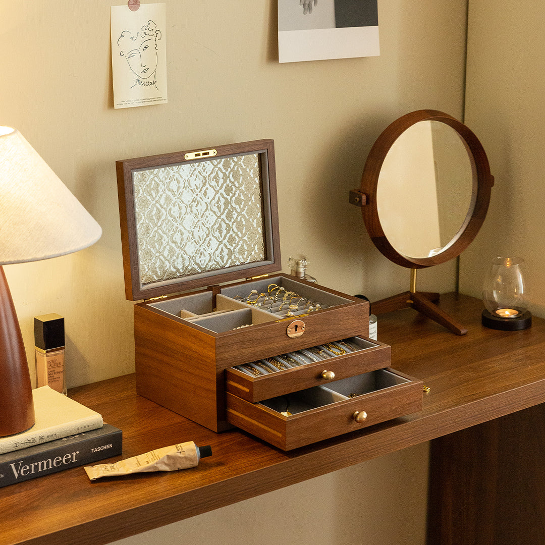 Lockable Wooden Jewelry Storage Box with Glass Lid