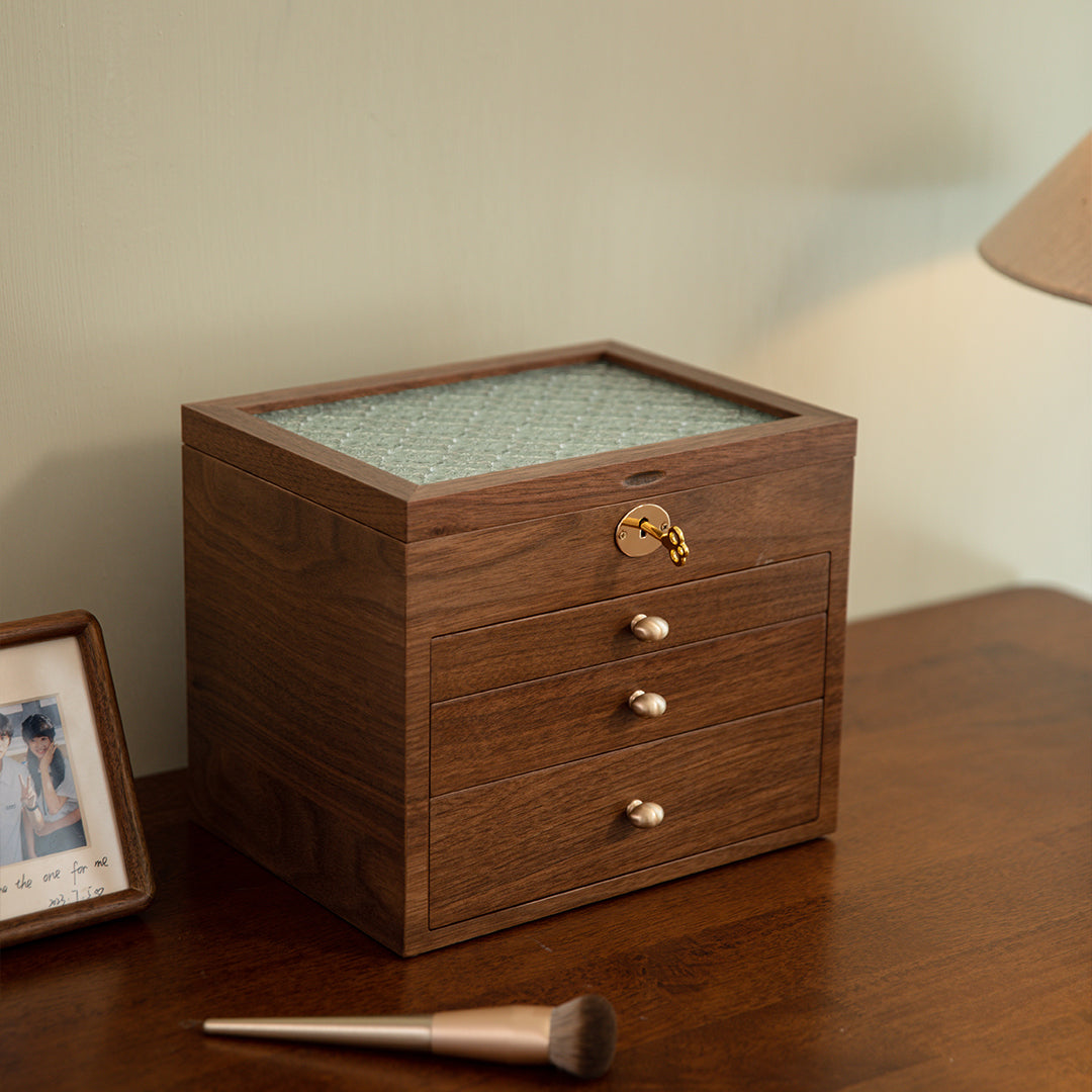 Lockable Wooden Jewelry Storage Box with Glass Lid