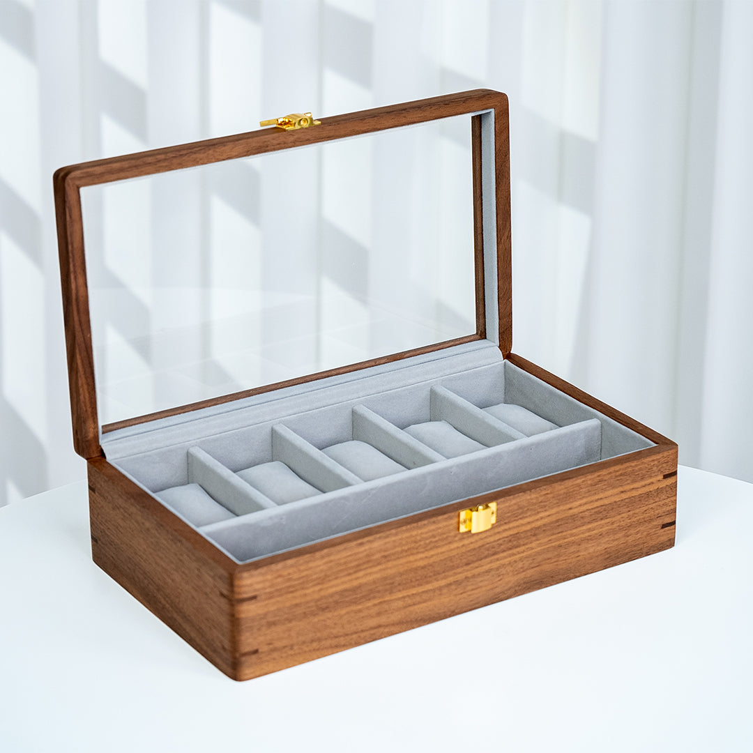 Walnut Wood Watch Box with Top Glass Lid