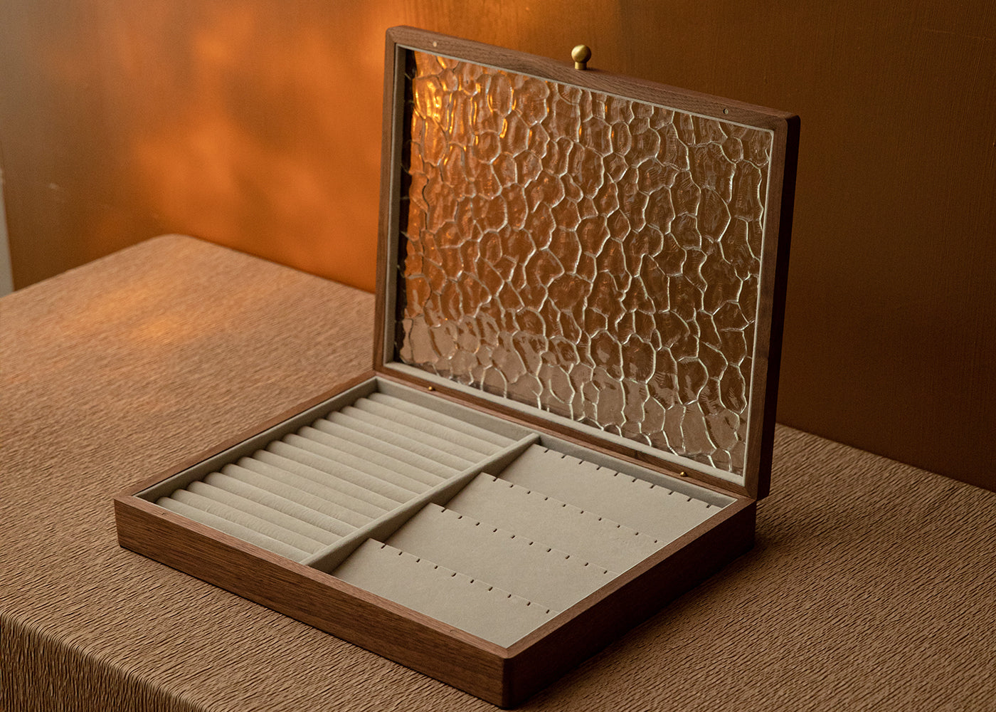 Solid Walnut Jewelry Box with Top Glass Lid