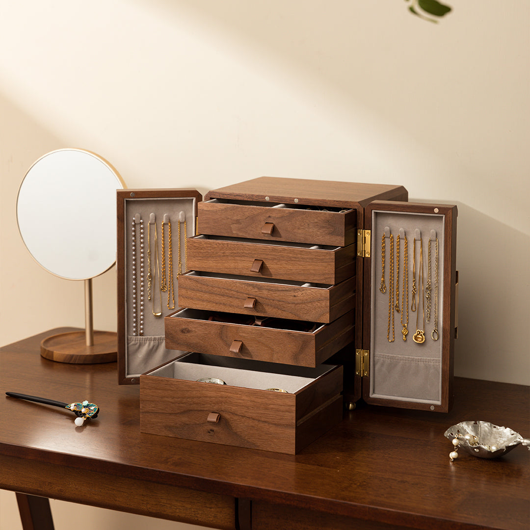 Walnut wood Jewelry Box with 5 drawers