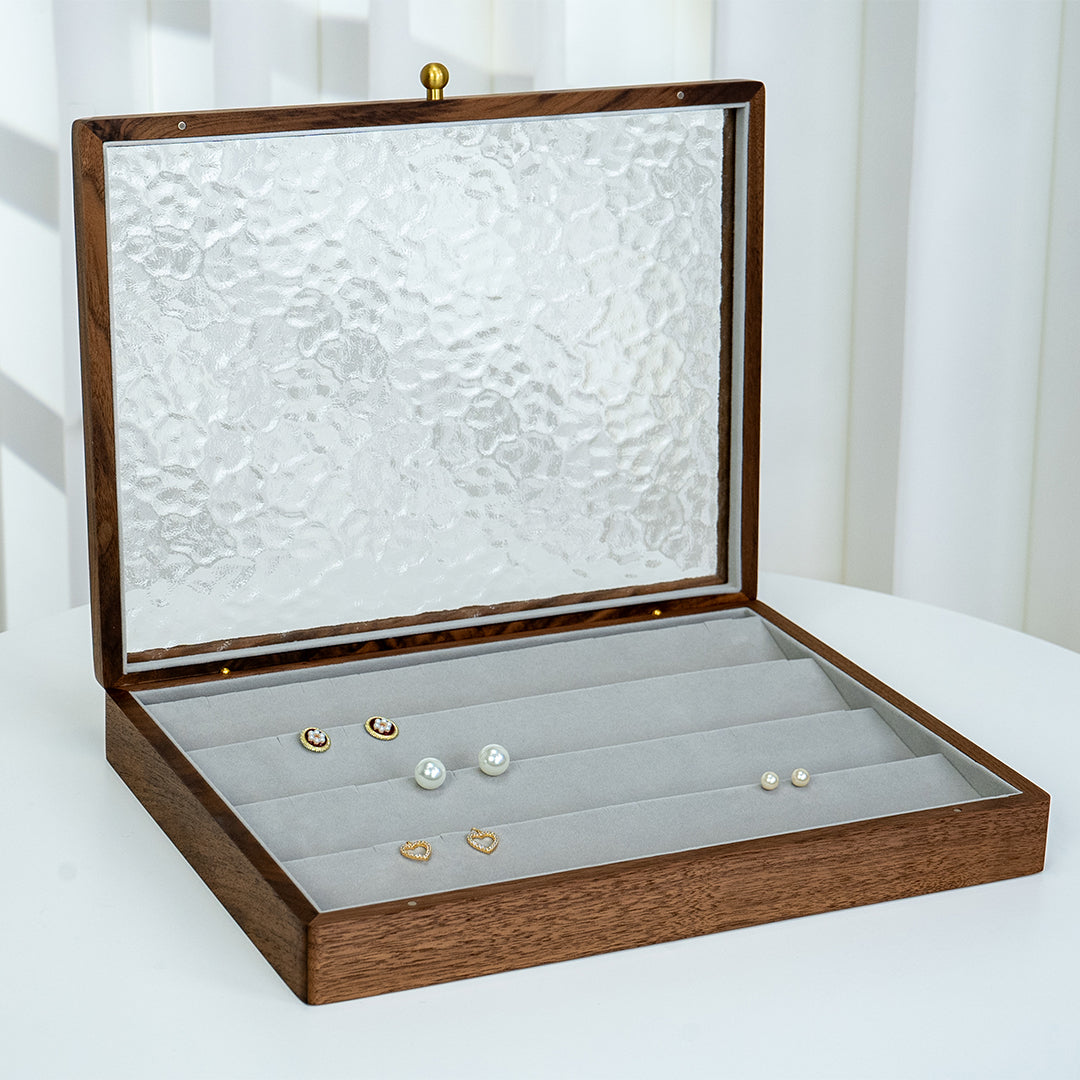 Solid Walnut Jewelry Box with Top Glass Lid