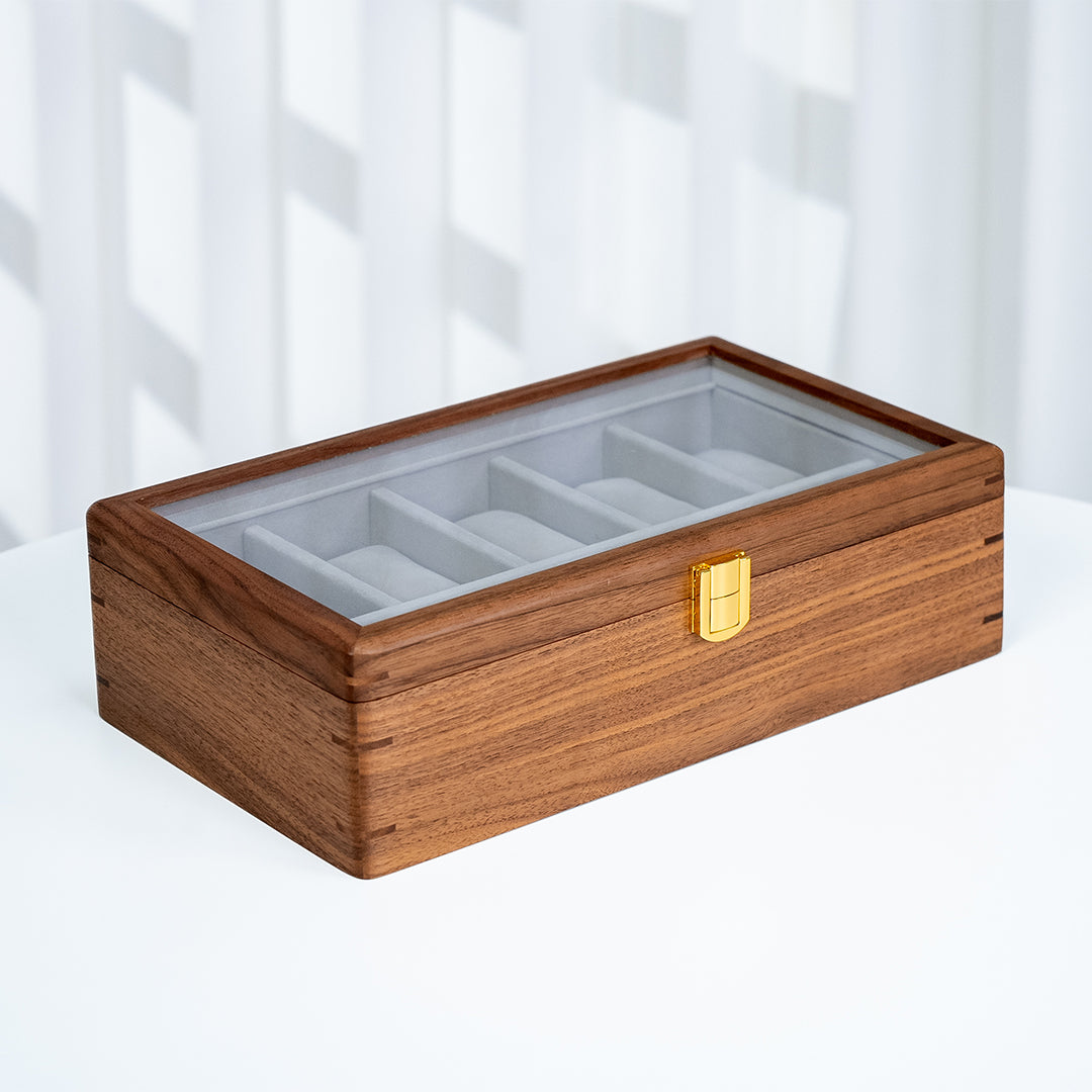 Walnut Wood Watch Box with Top Glass Lid