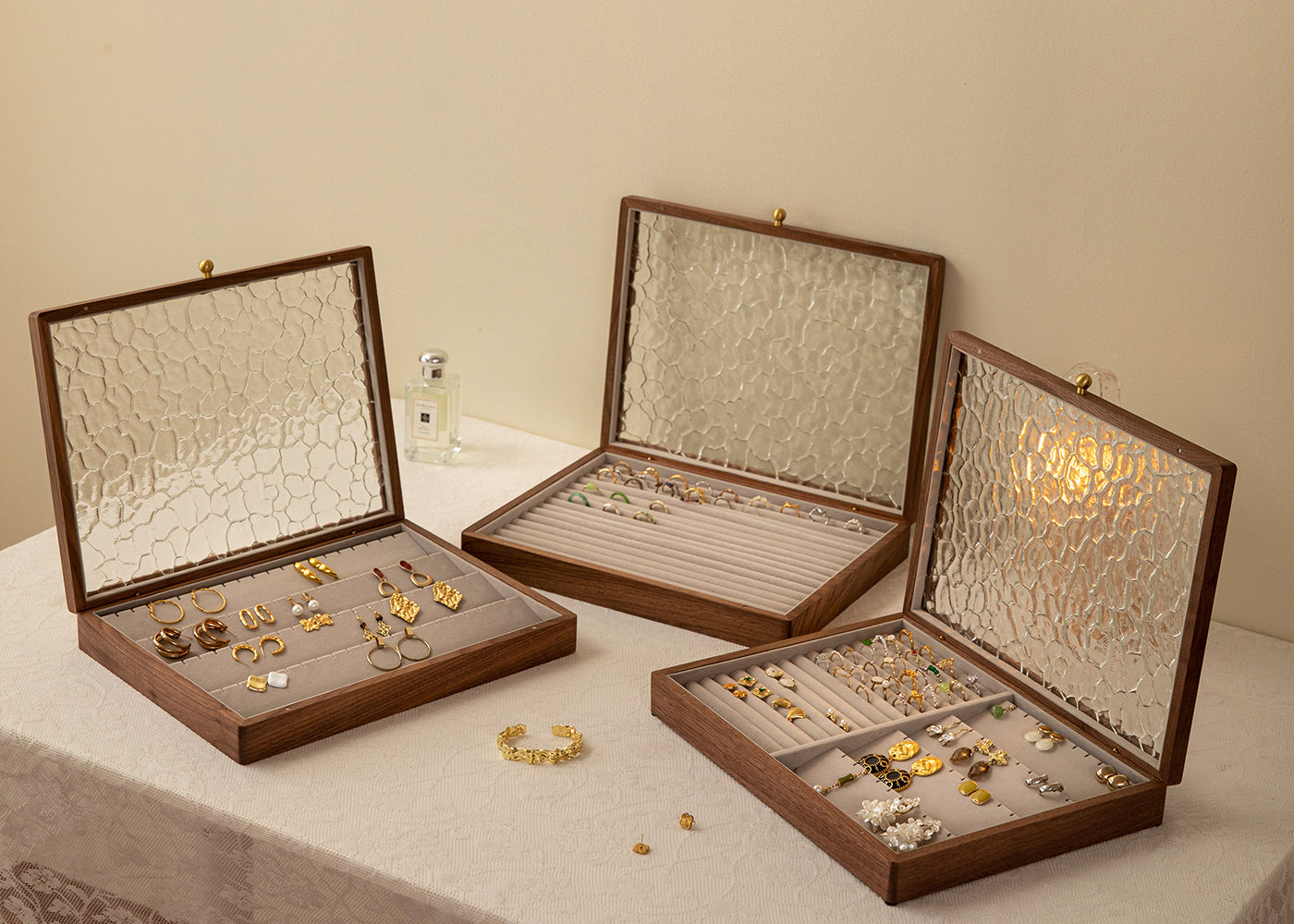 Solid Walnut Jewelry Box with Top Glass Lid