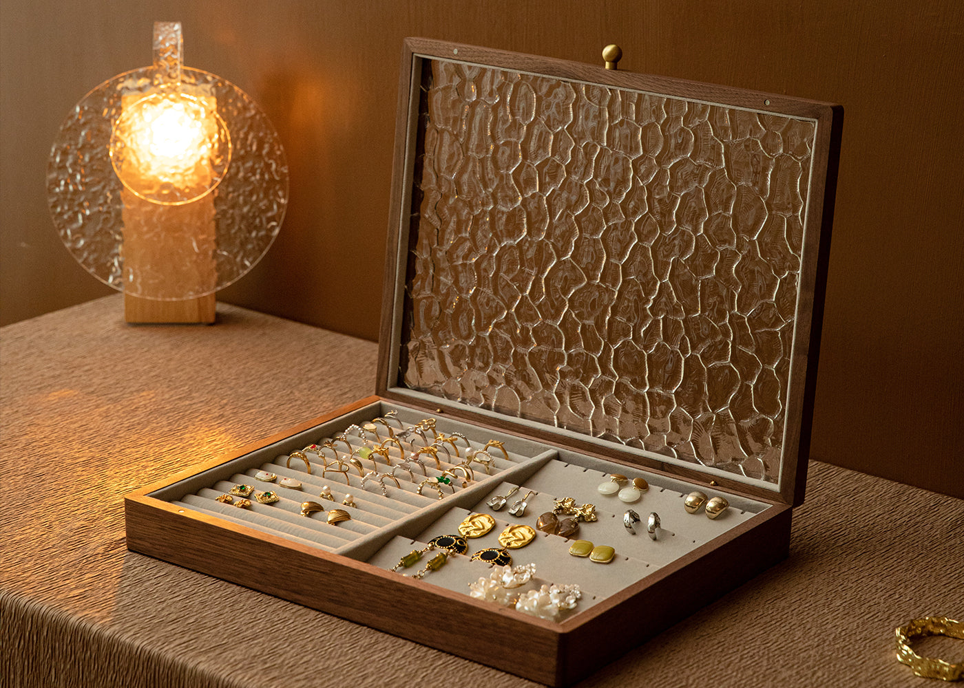 Solid Walnut Jewelry Box with Top Glass Lid