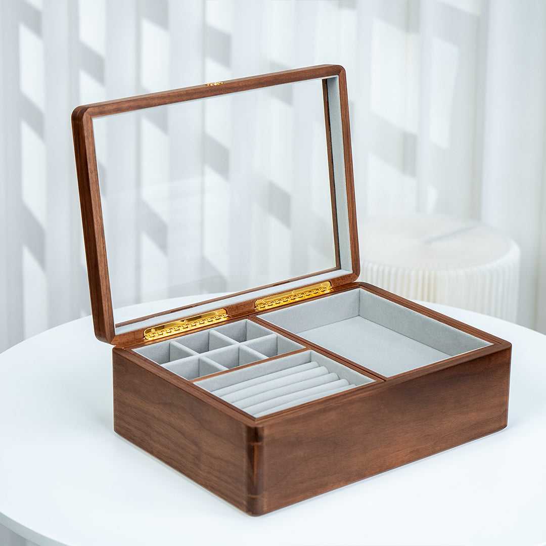 Solid Walnut 2-Layer Jewelry Box with Top Glass Lid