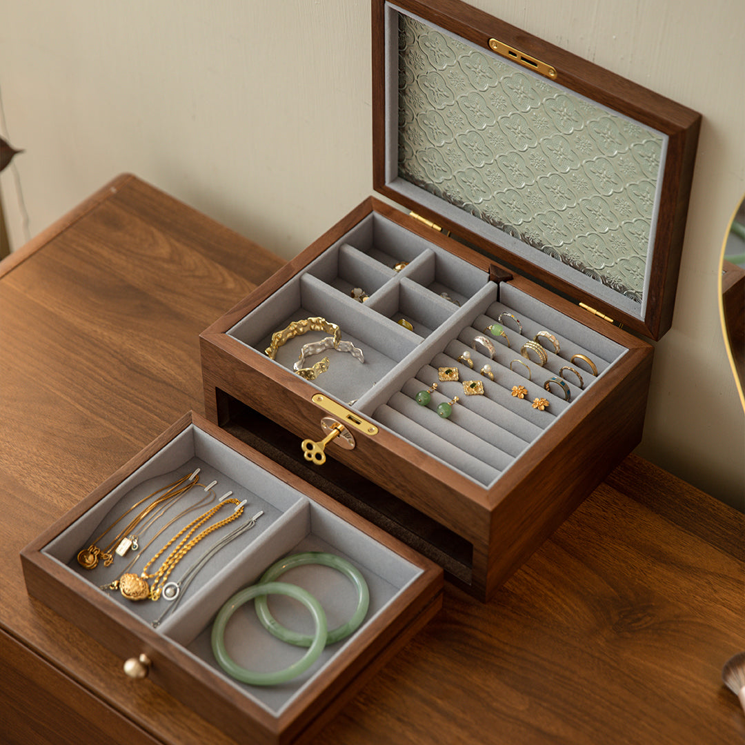 Lockable Wooden Jewelry Storage Box with Glass Lid