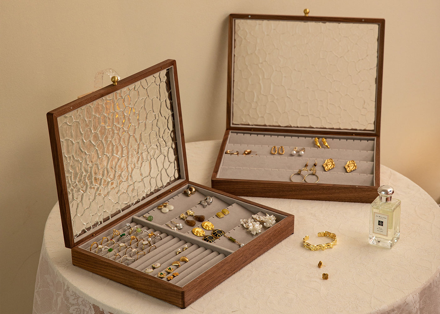 Solid Walnut Jewelry Box with Top Glass Lid