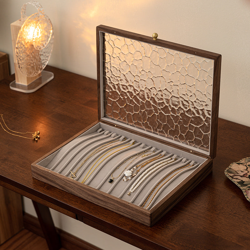 Solid Walnut Jewelry Box with Top Glass Lid