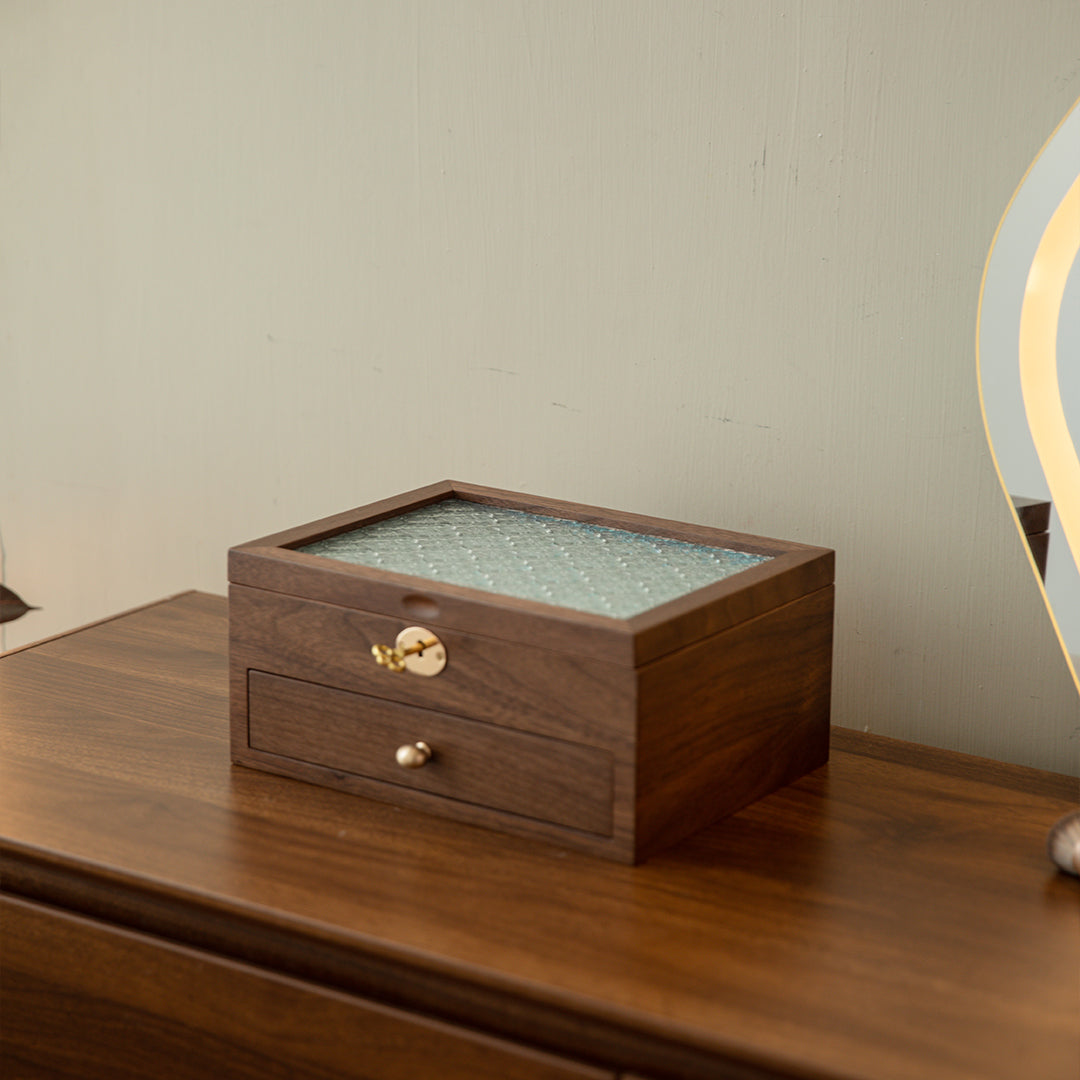 Lockable Wooden Jewelry Storage Box with Glass Lid