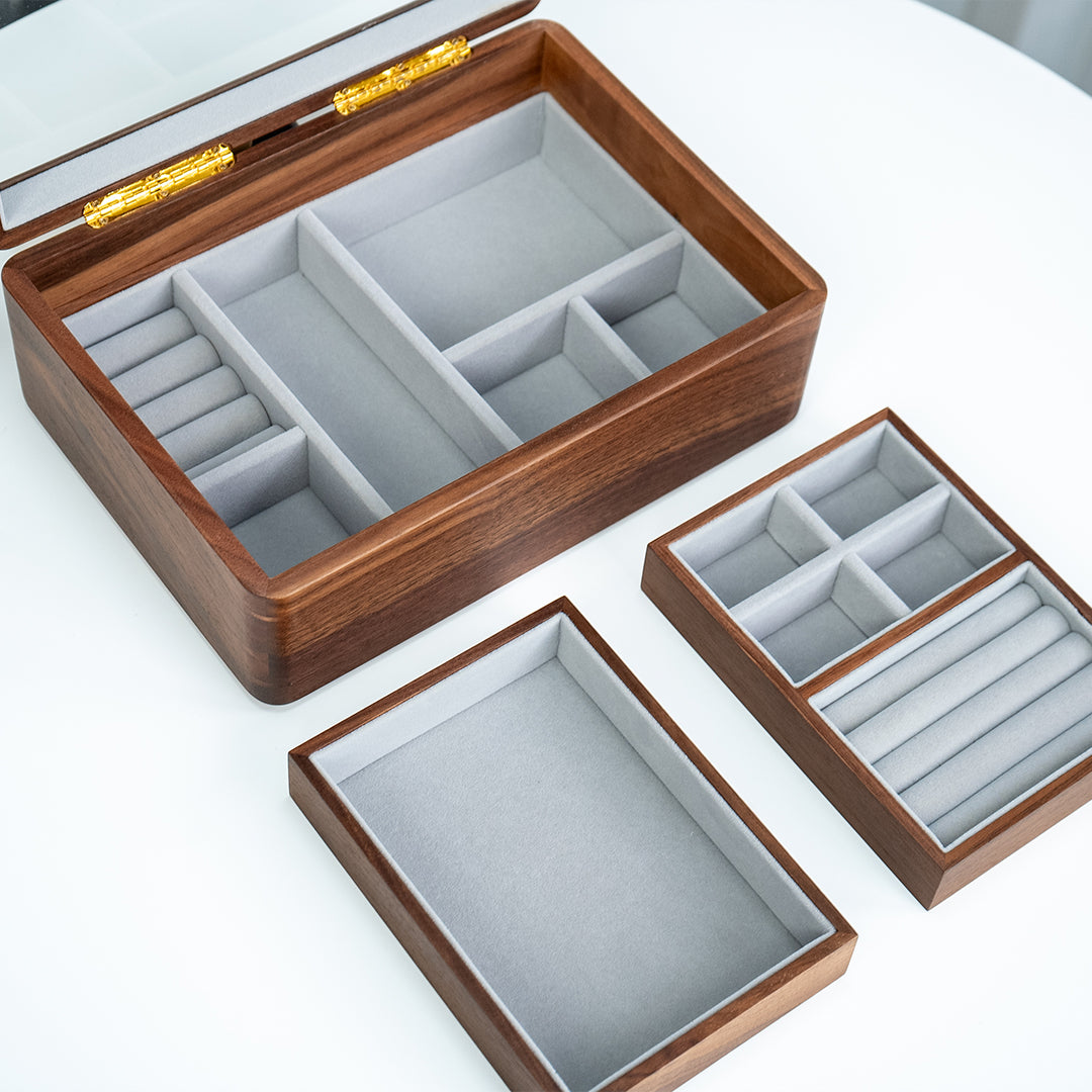 Solid Walnut 2-Layer Jewelry Box with Top Glass Lid