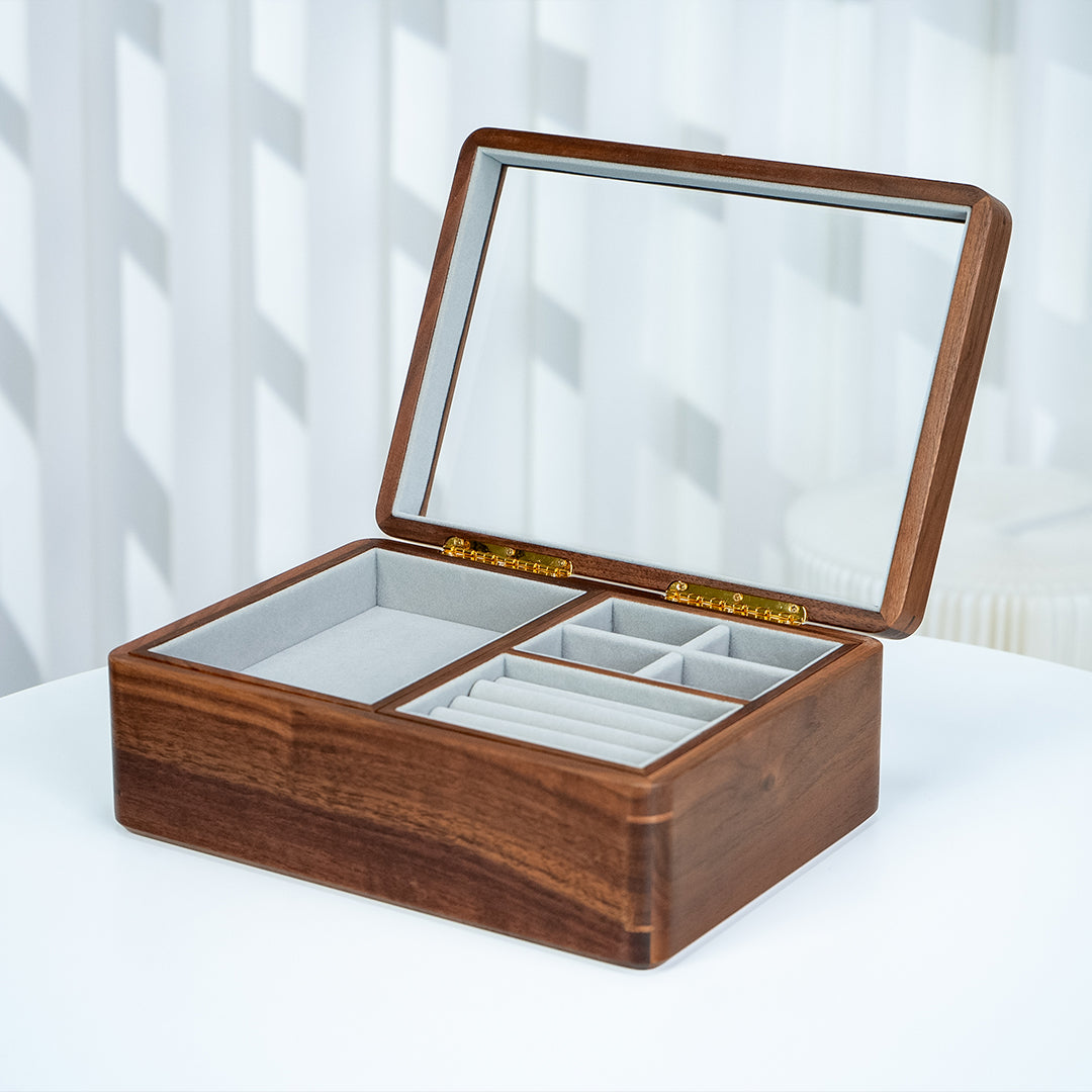 Solid Walnut 2-Layer Jewelry Box with Top Glass Lid