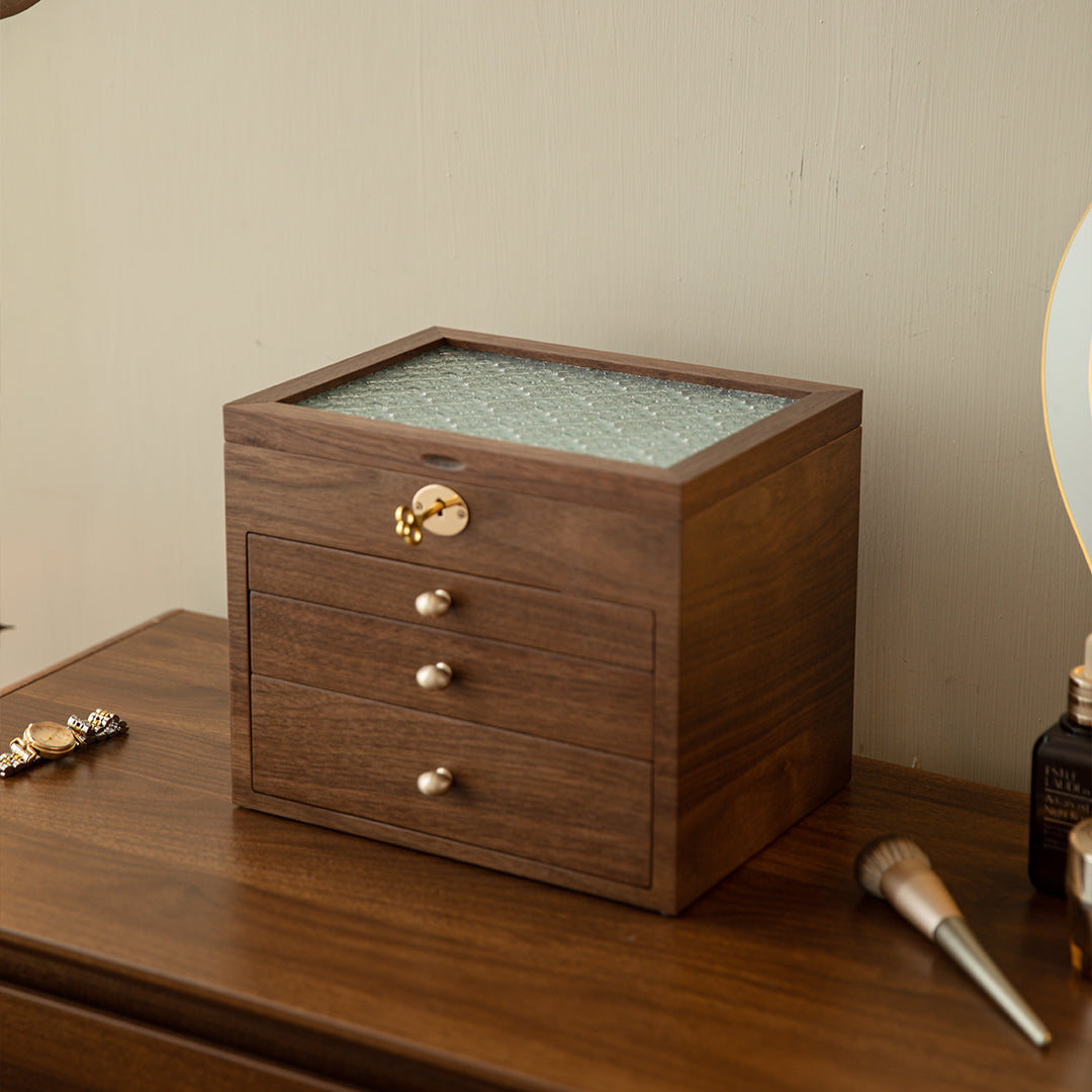 Lockable Wooden Jewelry Storage Box with Glass Lid