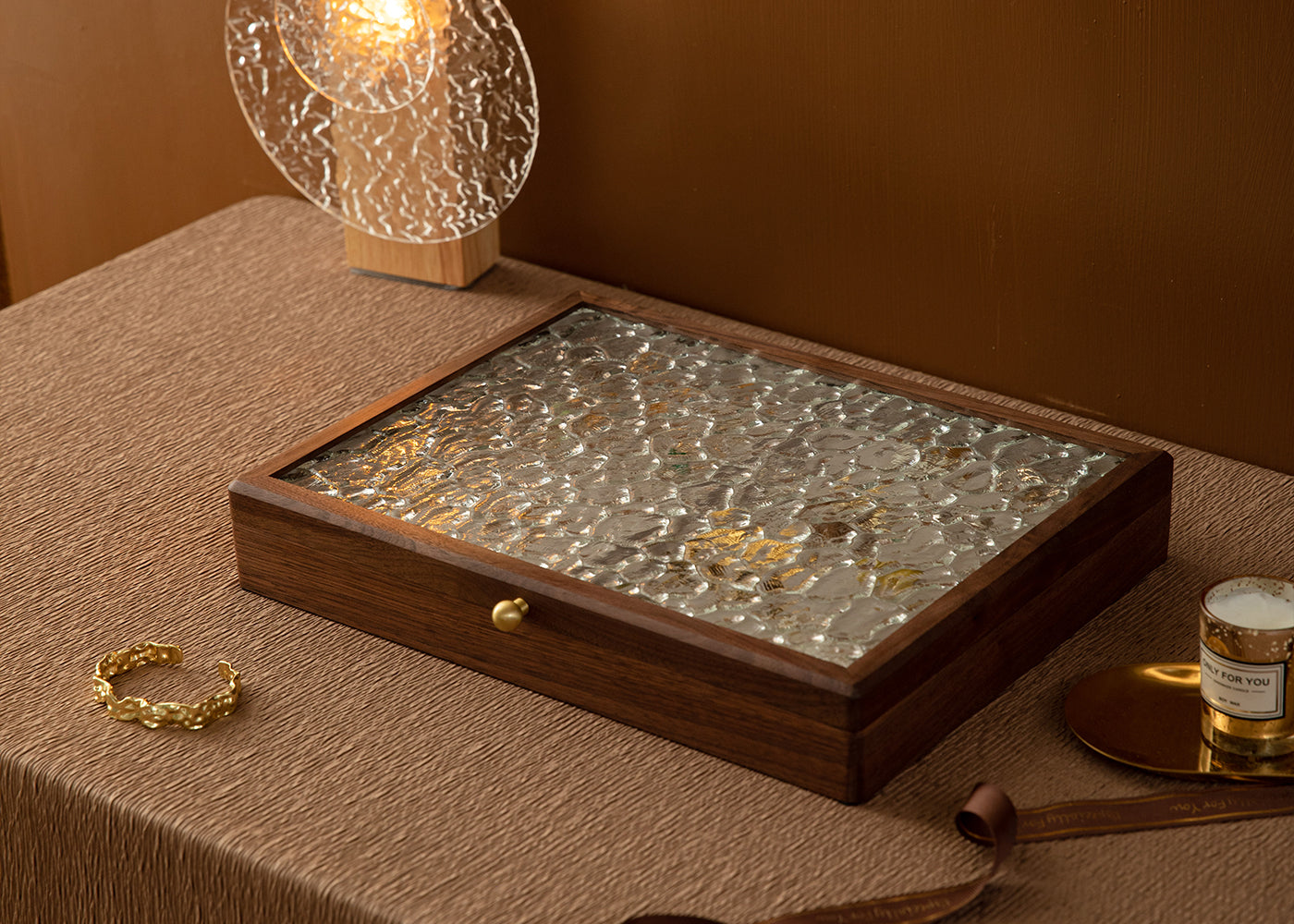 Solid Walnut Jewelry Box with Top Glass Lid