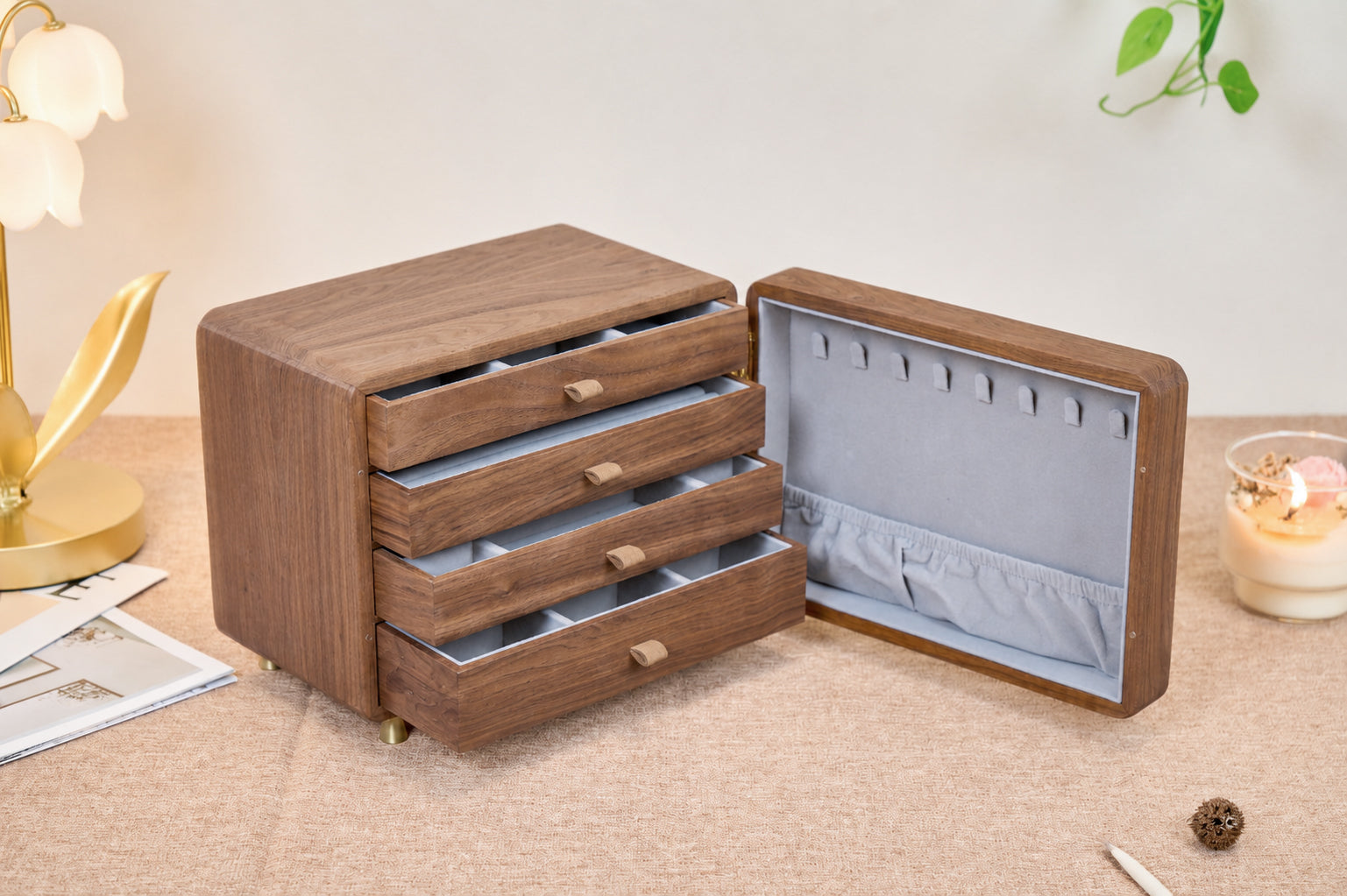 Personalized Walnut Jewelry Cabinet with 4 Drawers & Hooks 7