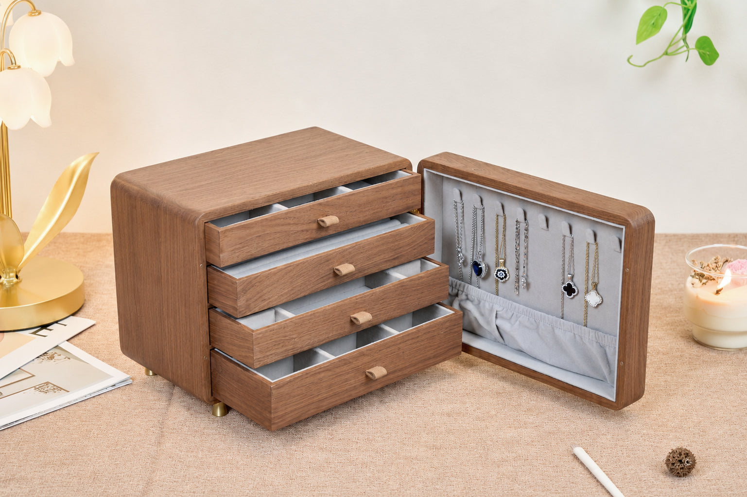 Personalized Walnut Jewelry Cabinet with 4 Drawers & Hooks 8