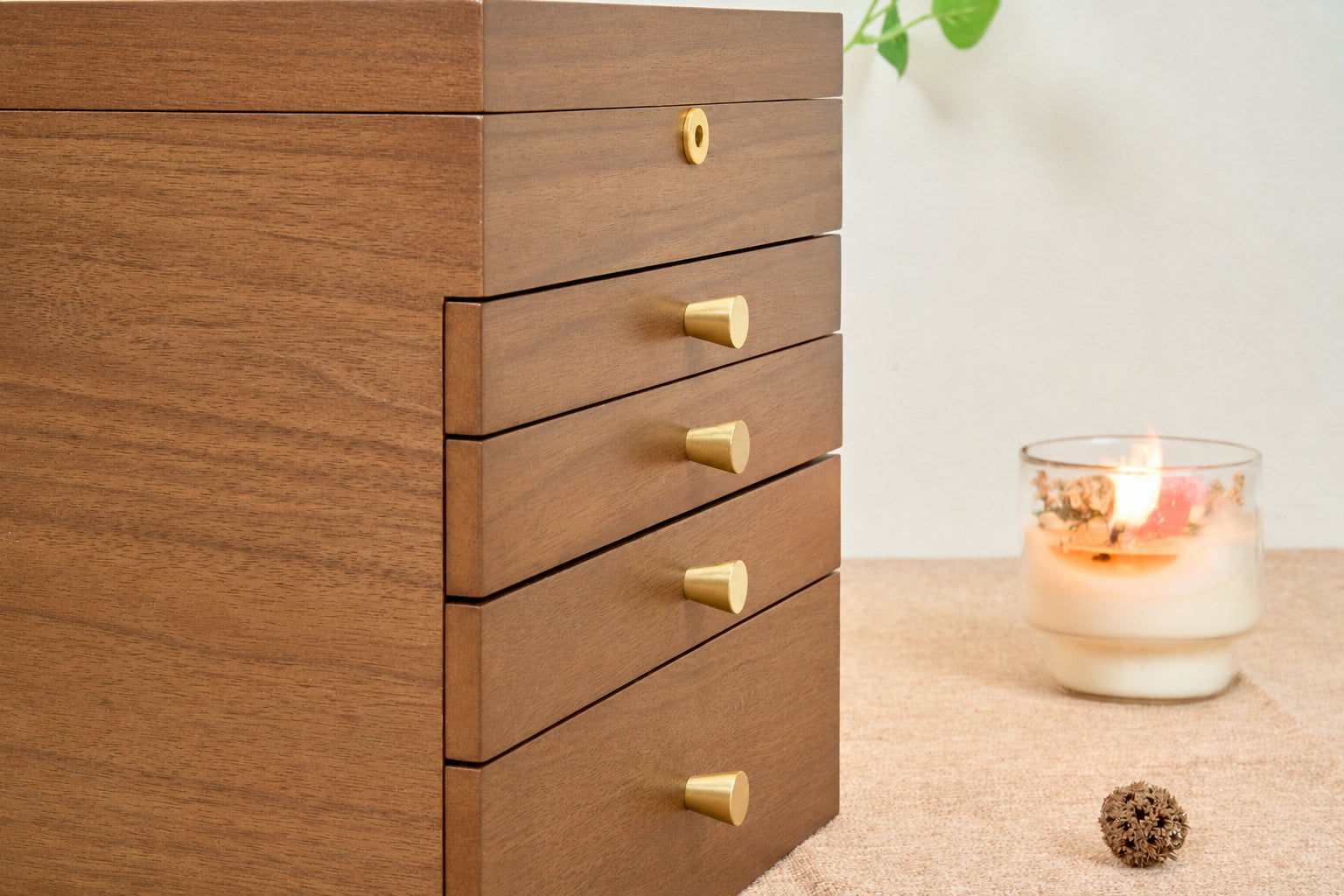 Lockable Walnut Jewelry Box with 4 Drawers & Necklace Hooks 6