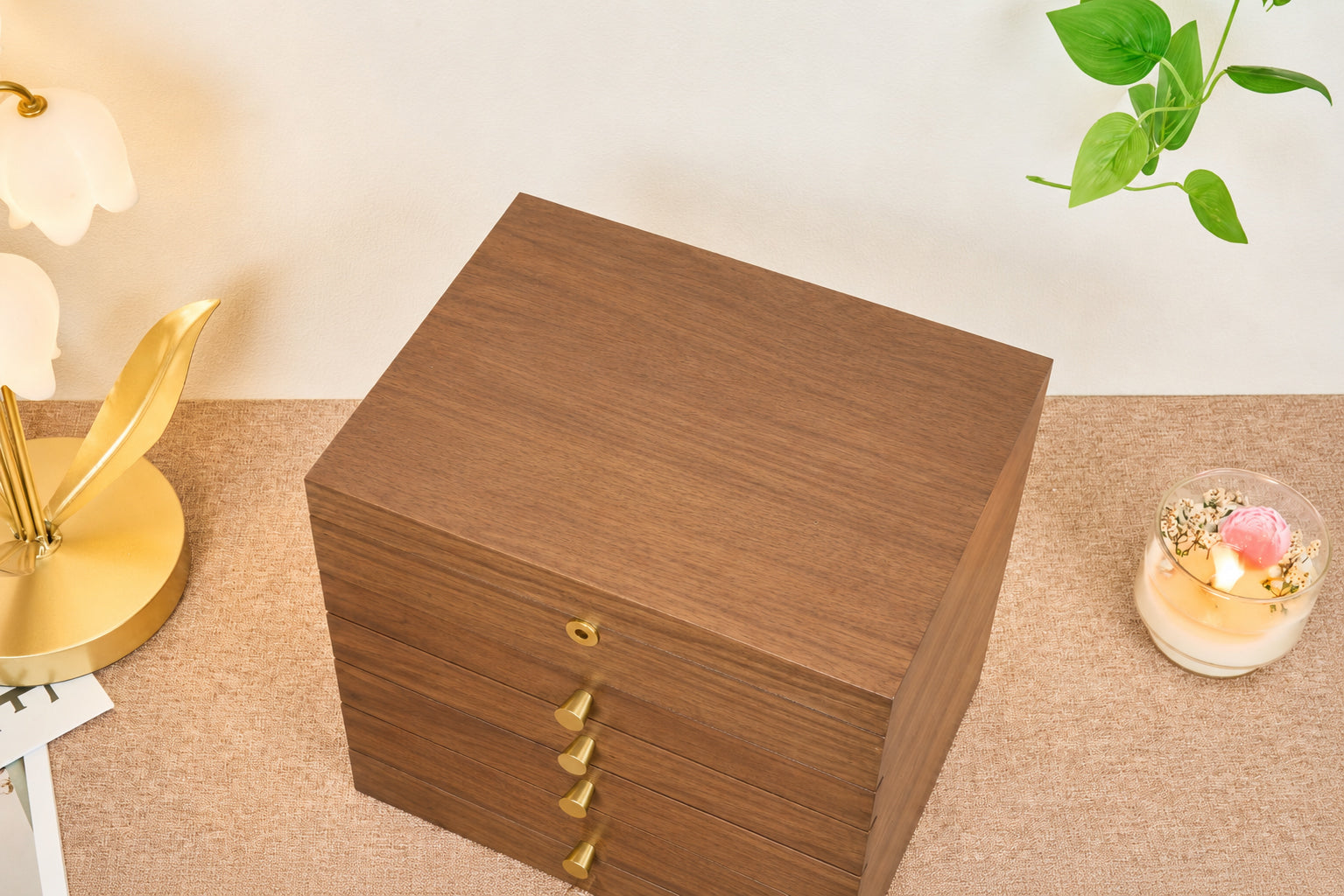 Lockable Walnut Jewelry Box with 4 Drawers & Necklace Hooks 9