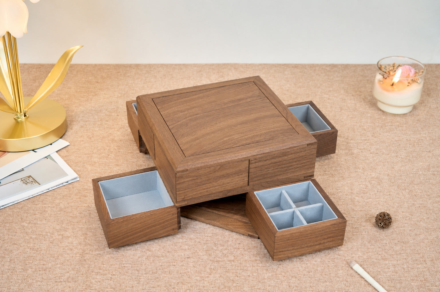 4-Drawer Walnut Jewelry Box with Ring, Watch & Earring Trays 8