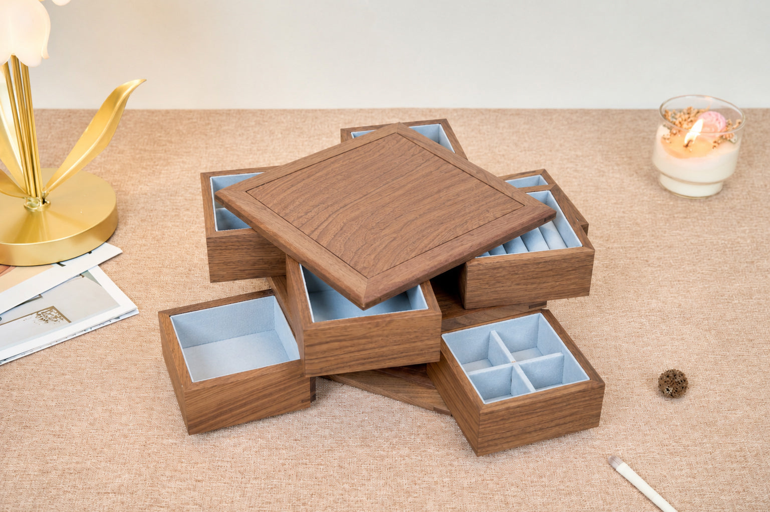 4-Drawer Walnut Jewelry Box with Ring, Watch & Earring Trays 9