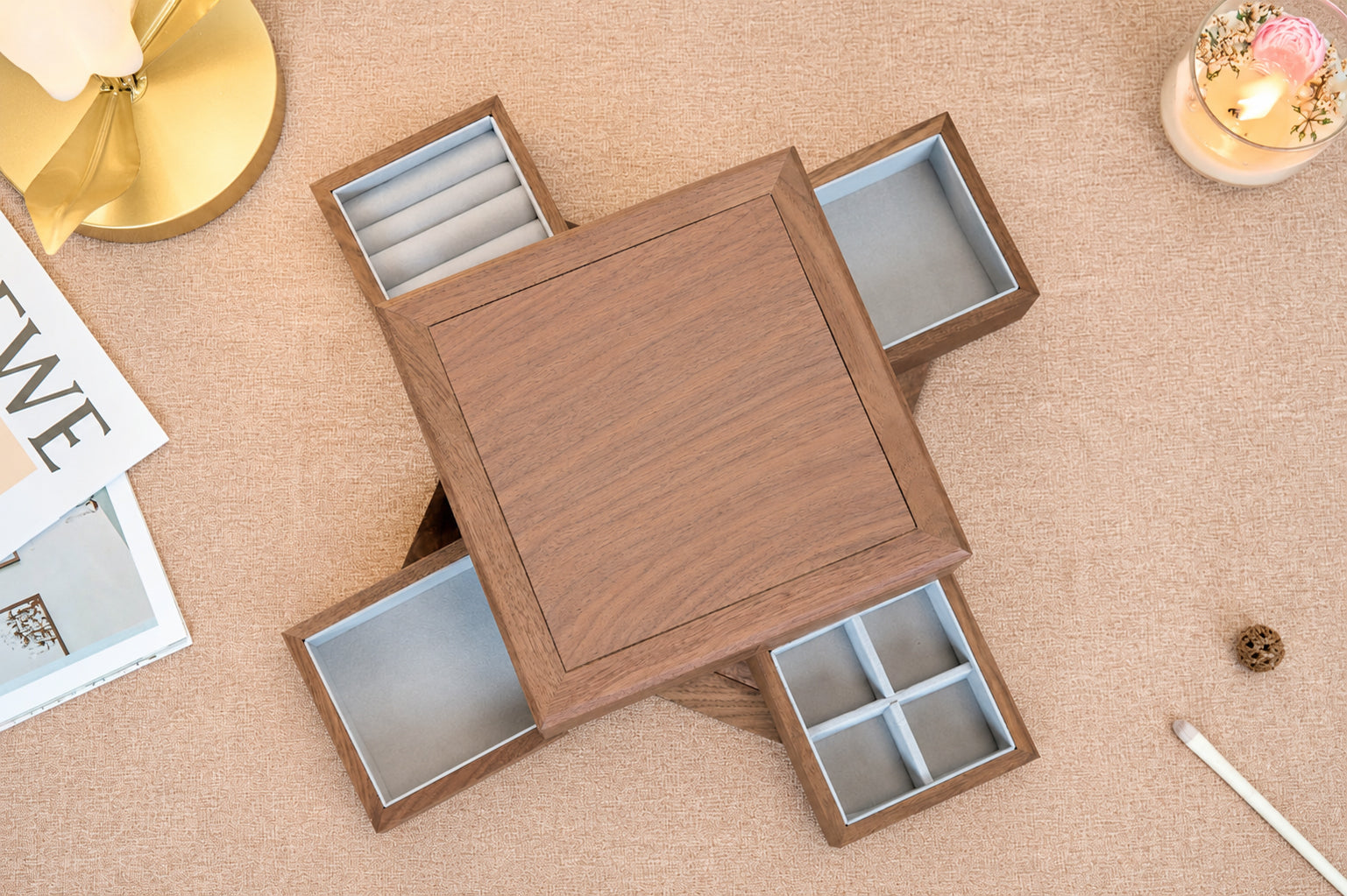 4-Drawer Walnut Jewelry Box with Ring, Watch & Earring Trays 13
