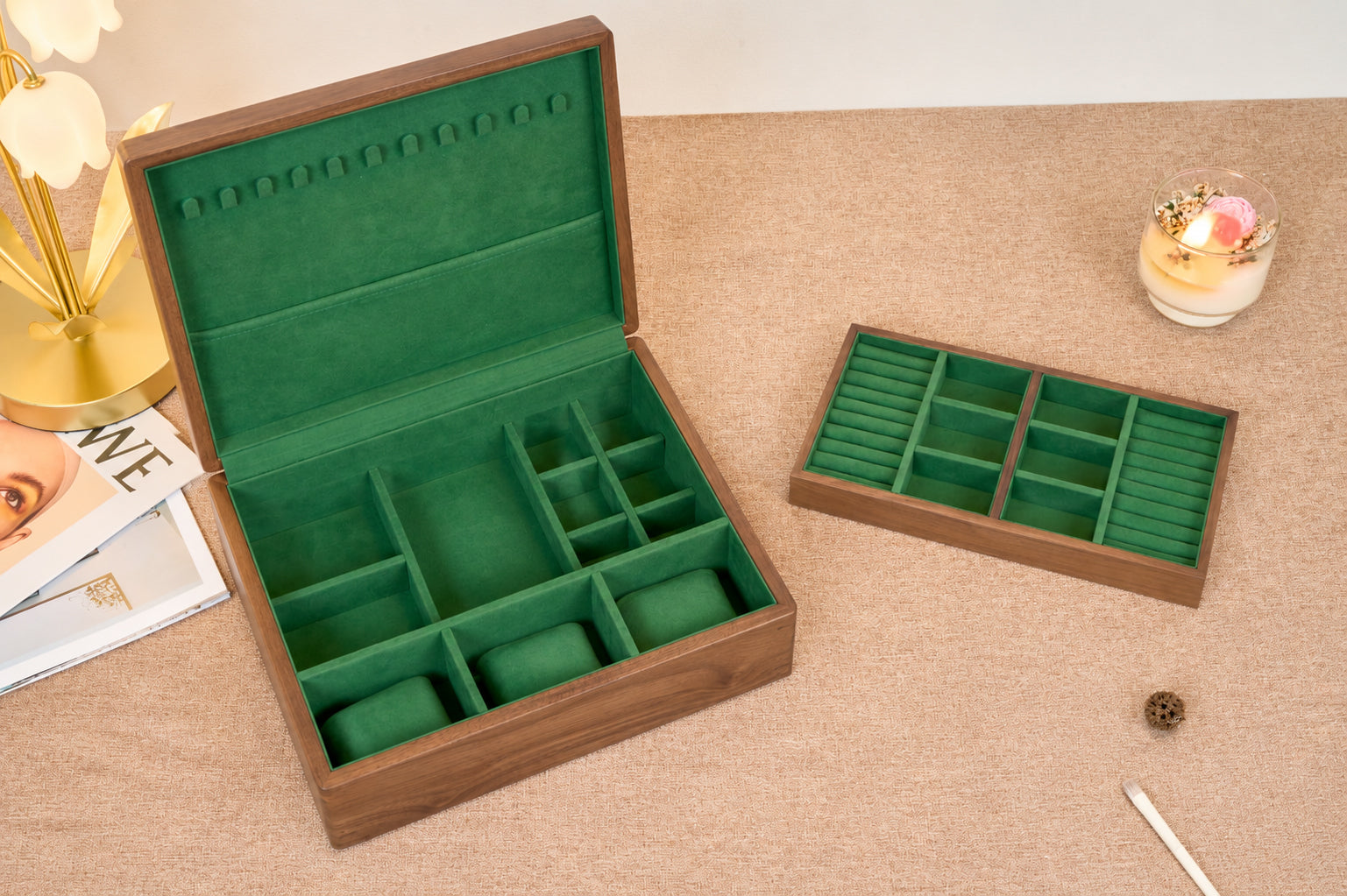 Walnut Jewelry Box with Green Lining, Necklace Hooks & Ring Tray 7