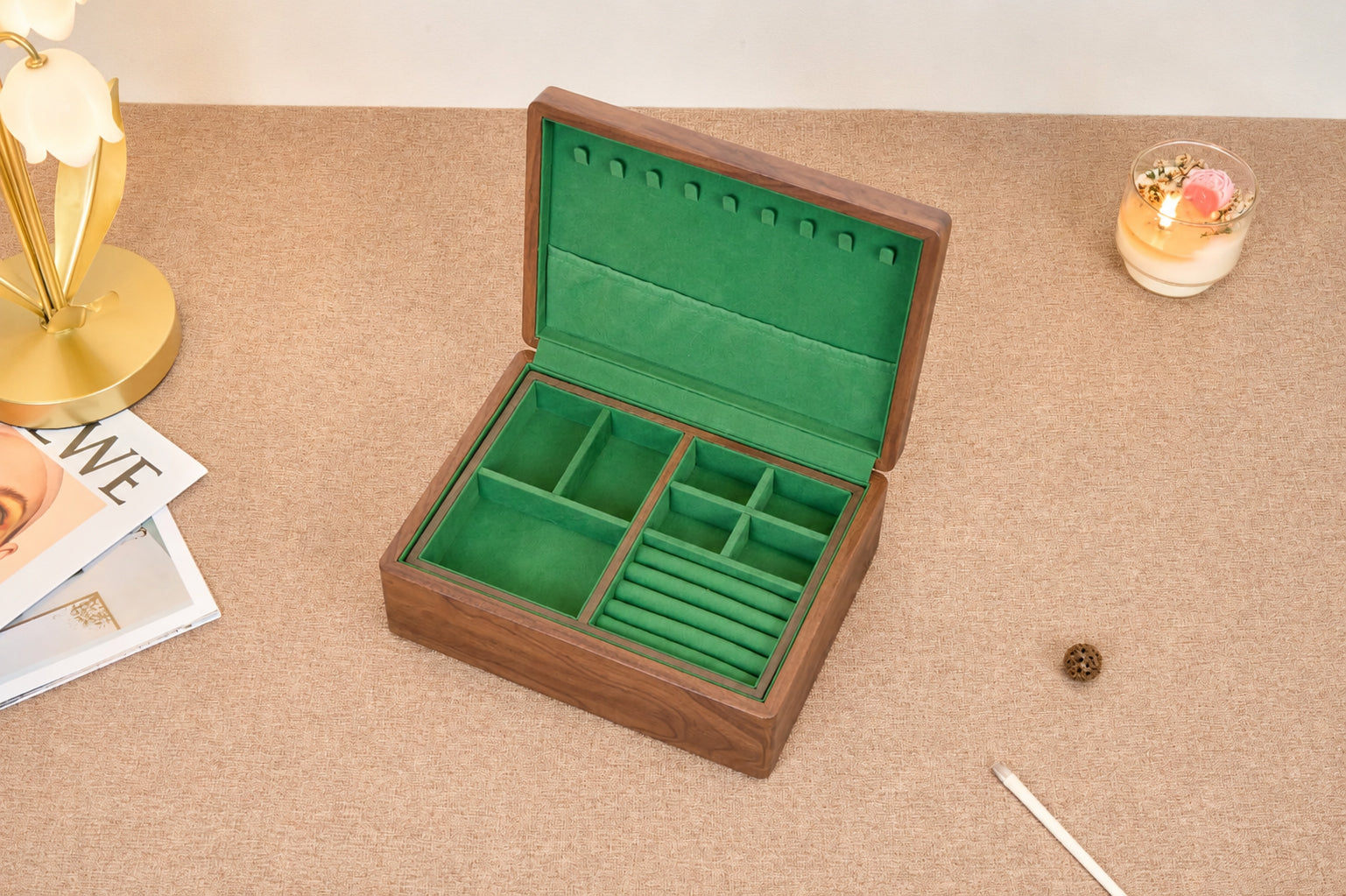 Walnut Jewelry Box with Green Lining, Necklace Hooks & Ring Tray 9