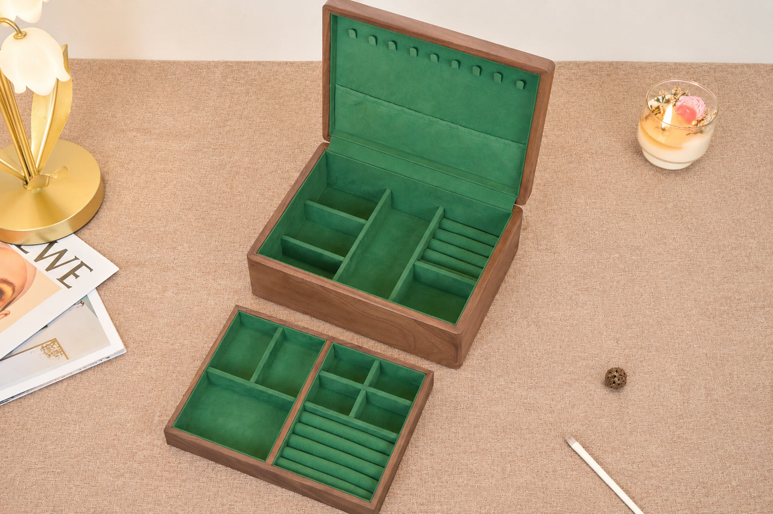 Walnut Jewelry Box with Green Lining, Necklace Hooks & Ring Tray 10