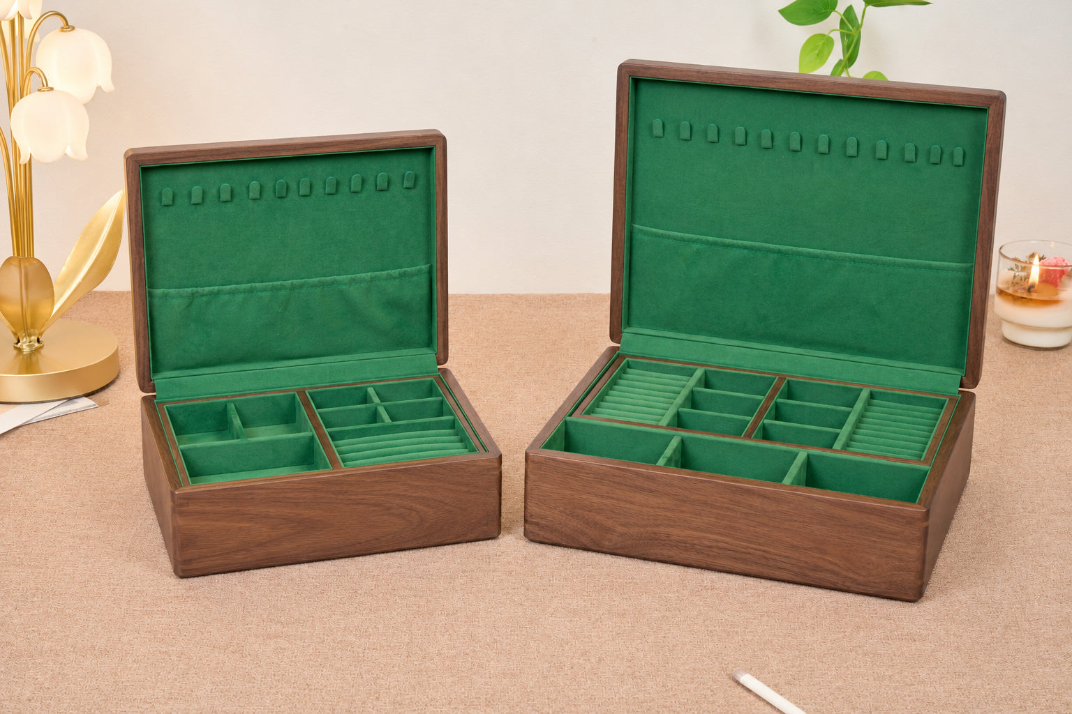 Walnut Jewelry Box with Green Lining, Necklace Hooks & Ring Tray 20
