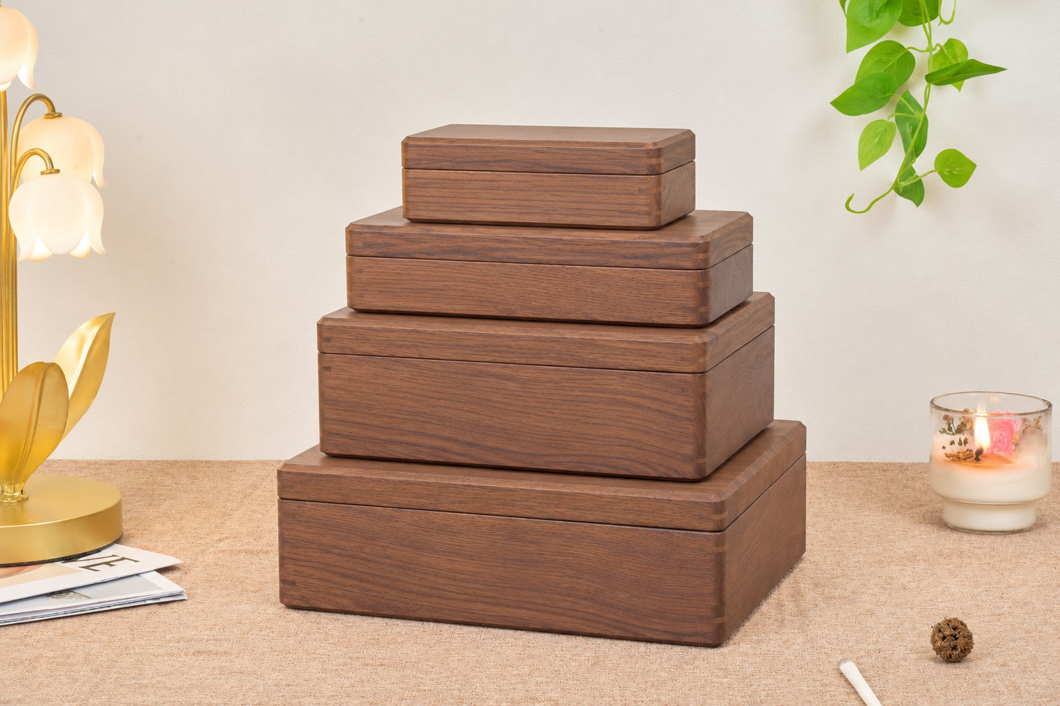 Walnut Jewelry Box with Green Lining, Necklace Hooks & Ring Tray 23