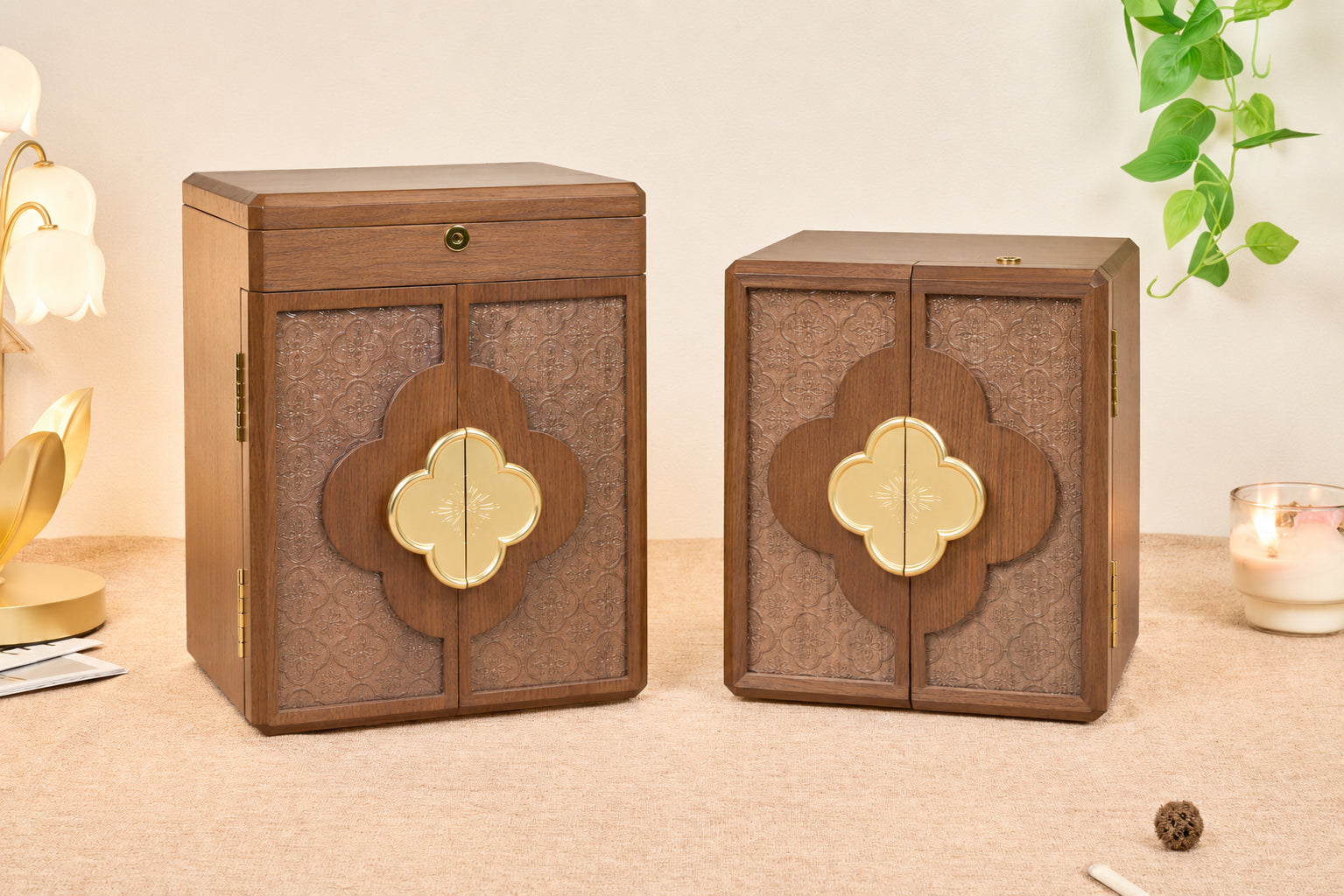 Lockable Walnut Jewelry Cabinet with Double Doors & 5 Drawers 2
