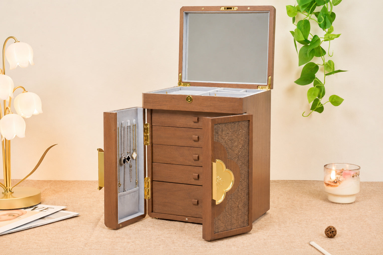 Lockable Walnut Jewelry Cabinet with Double Doors & 5 Drawers 7