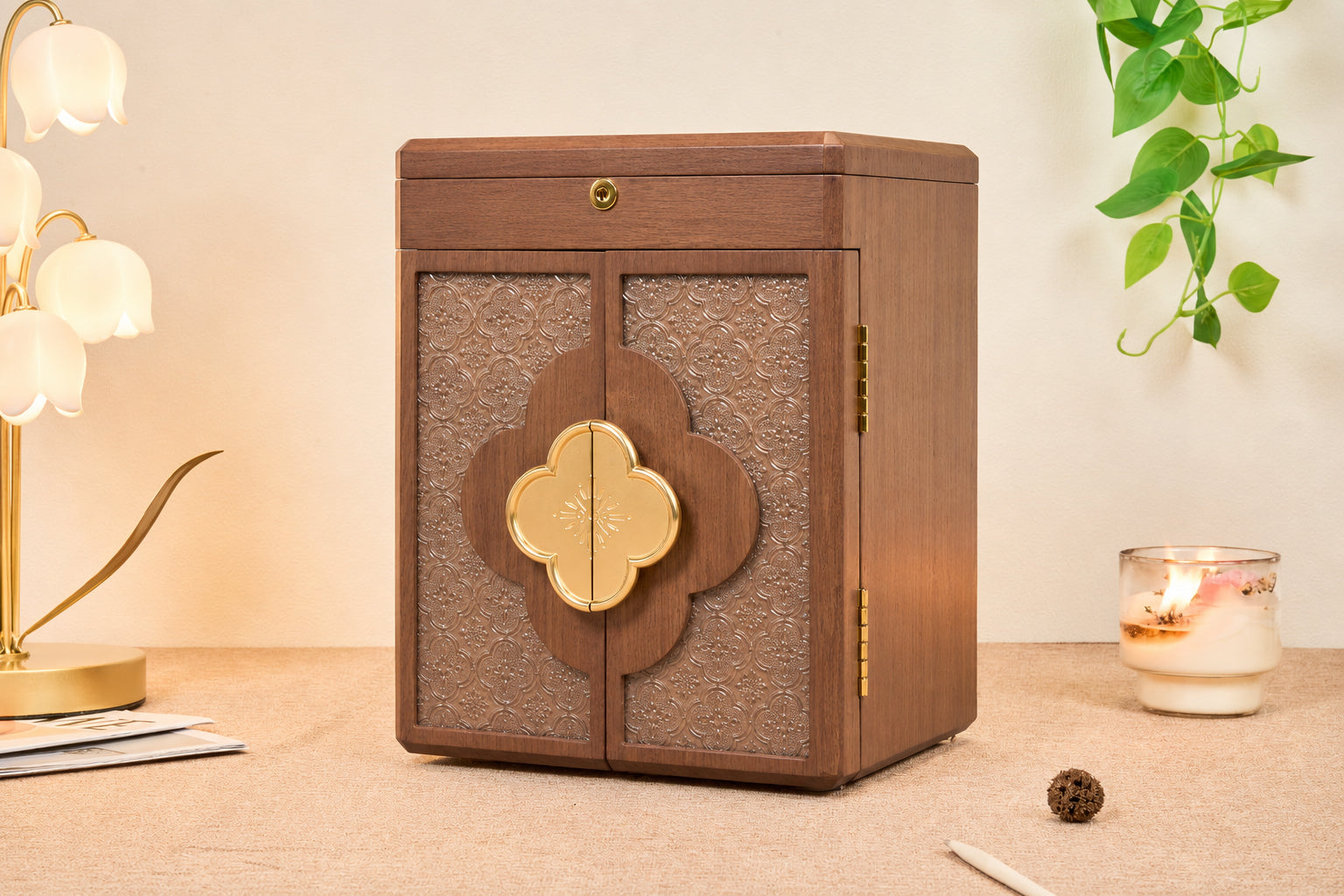 Lockable Walnut Jewelry Cabinet with Double Doors & 5 Drawers 9