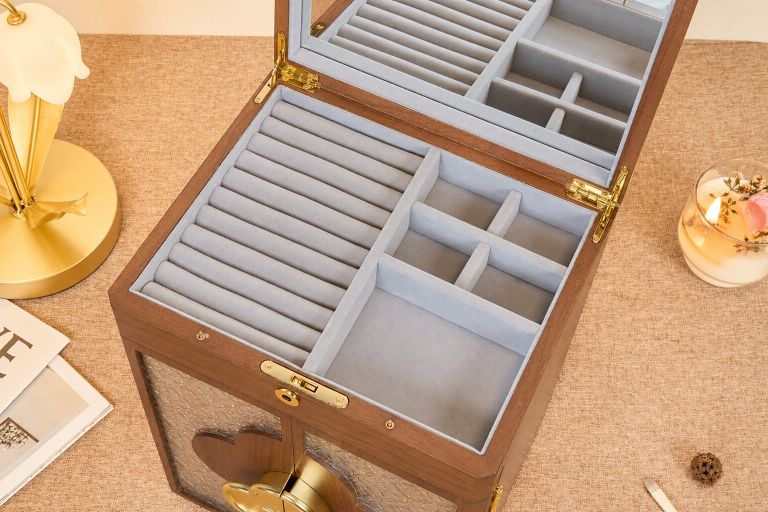 Lockable Walnut Jewelry Cabinet with Double Doors & 5 Drawers 12