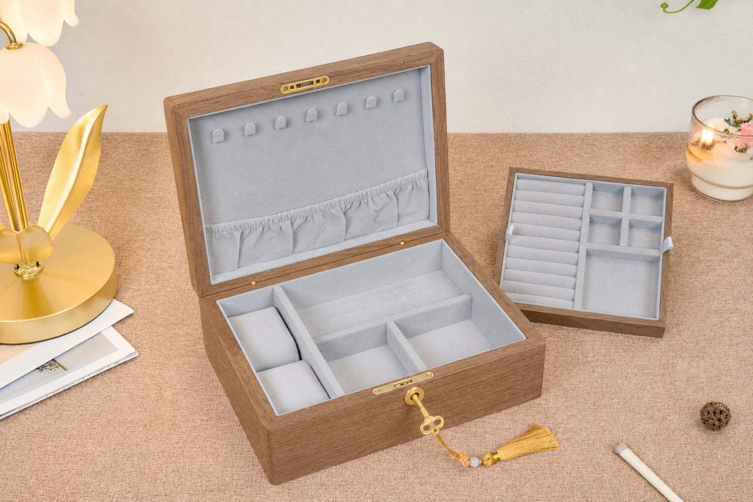 Lockable Walnut Jewelry Box with Necklace Hooks & Ring Storage 5