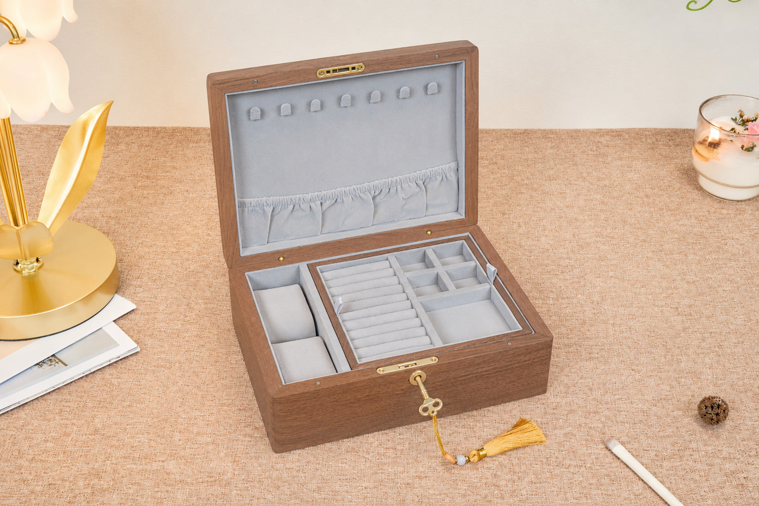 Lockable Walnut Jewelry Box with Necklace Hooks & Ring Storage 6