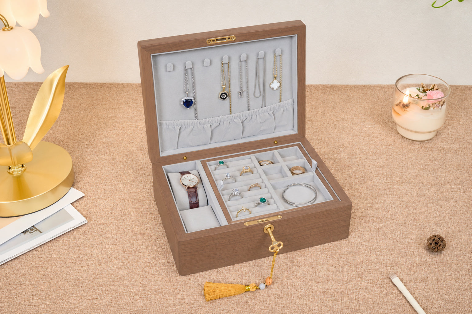 Lockable Walnut Jewelry Box with Necklace Hooks & Ring Storage 8