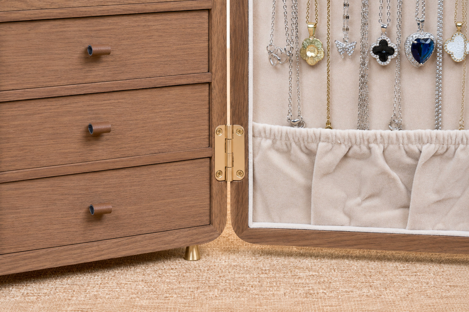 Floral Walnut Jewelry Cabinet with 5 Drawers & Necklace Hooks 7