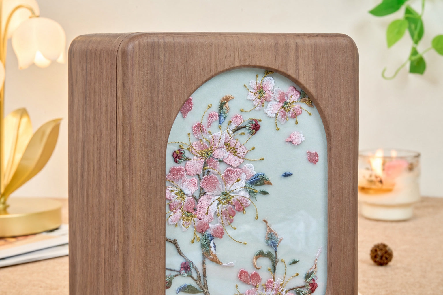 Floral Walnut Jewelry Cabinet with 5 Drawers & Necklace Hooks 9