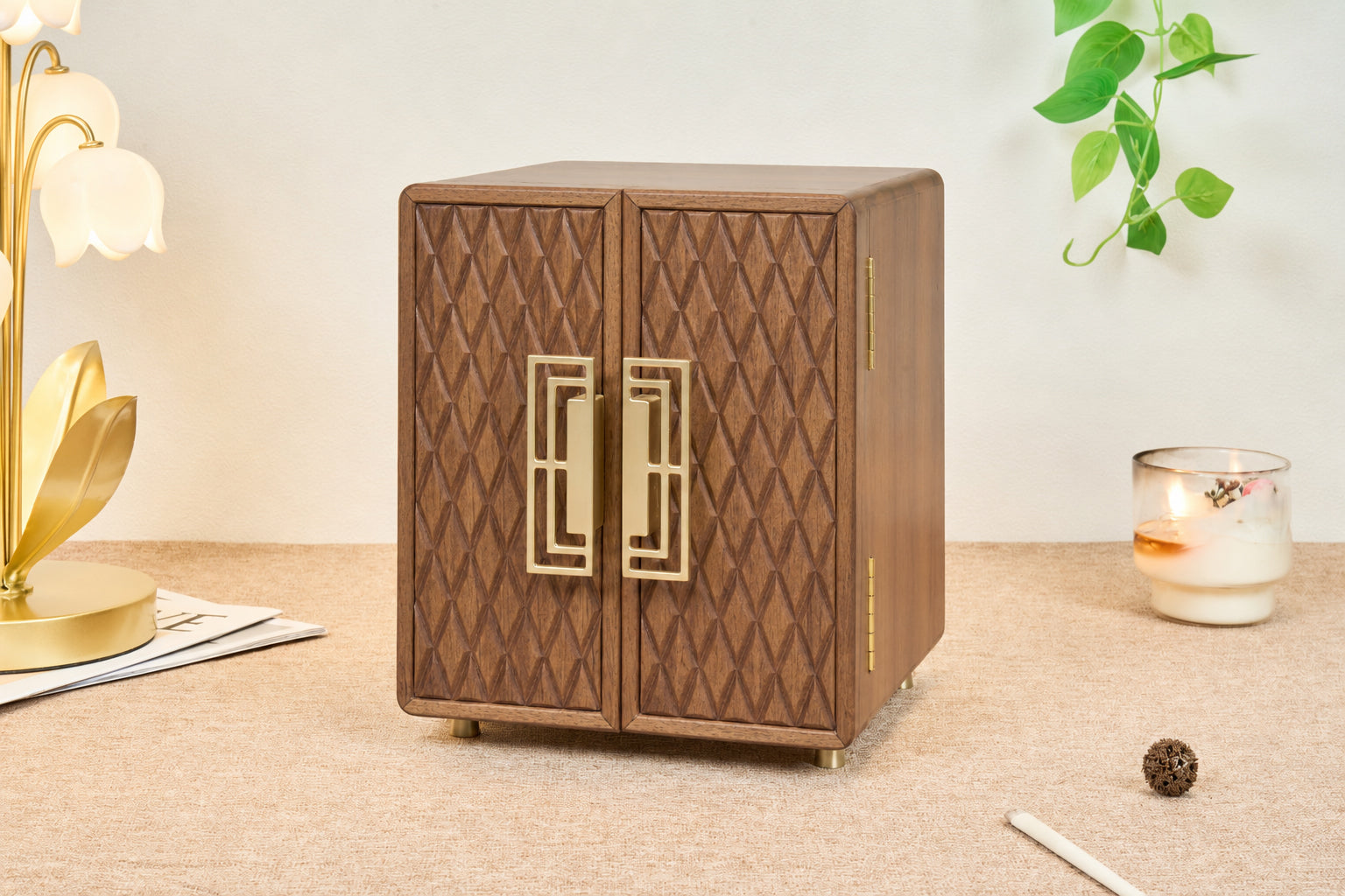 Geometric Walnut Jewelry Cabinet with 5 Drawers & Double Doors 3