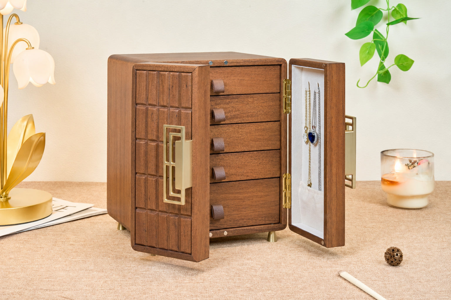 Geometric Walnut Jewelry Cabinet with 5 Drawers & Double Doors 5