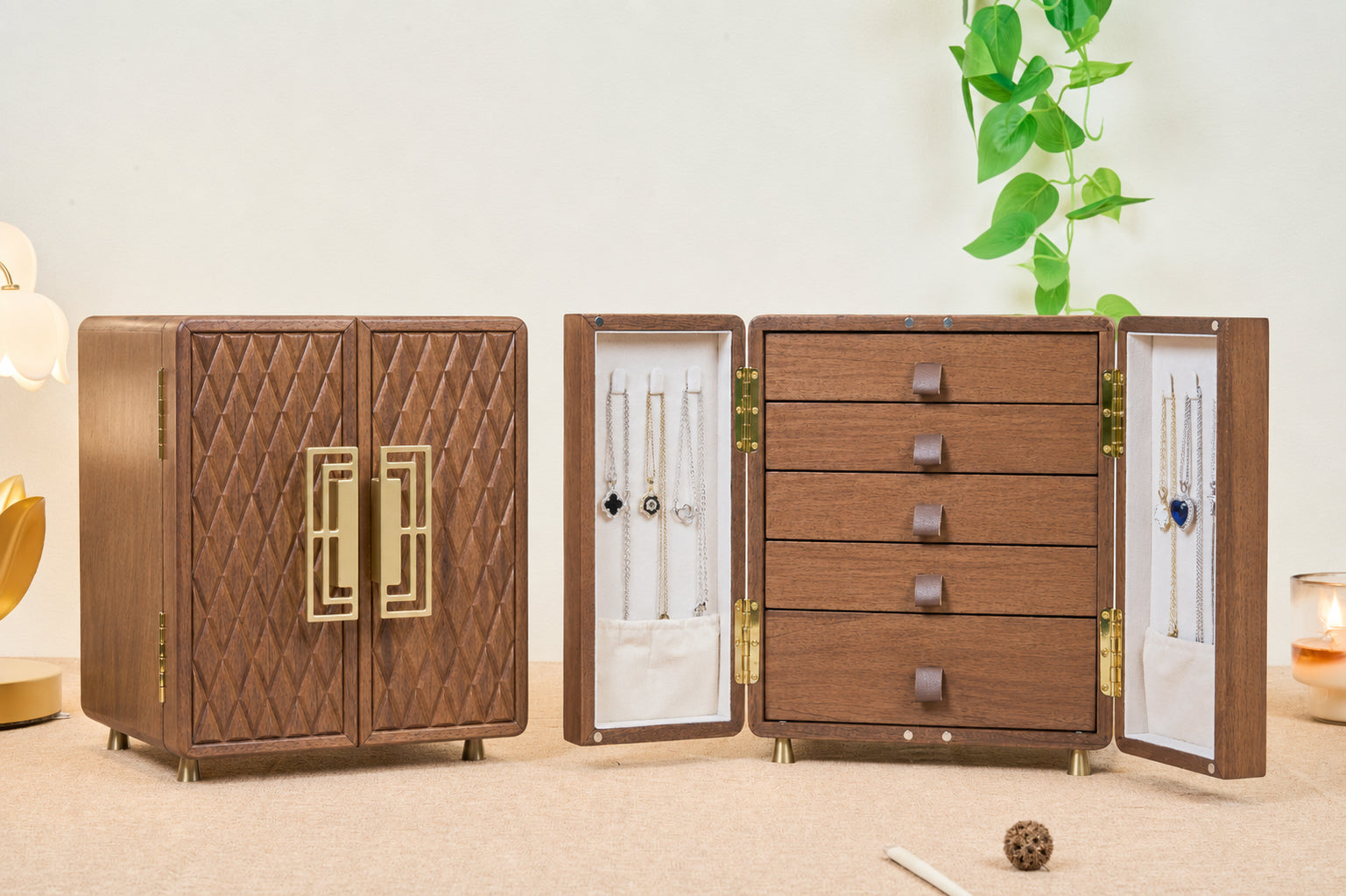 Geometric Walnut Jewelry Cabinet with 5 Drawers & Double Doors 7