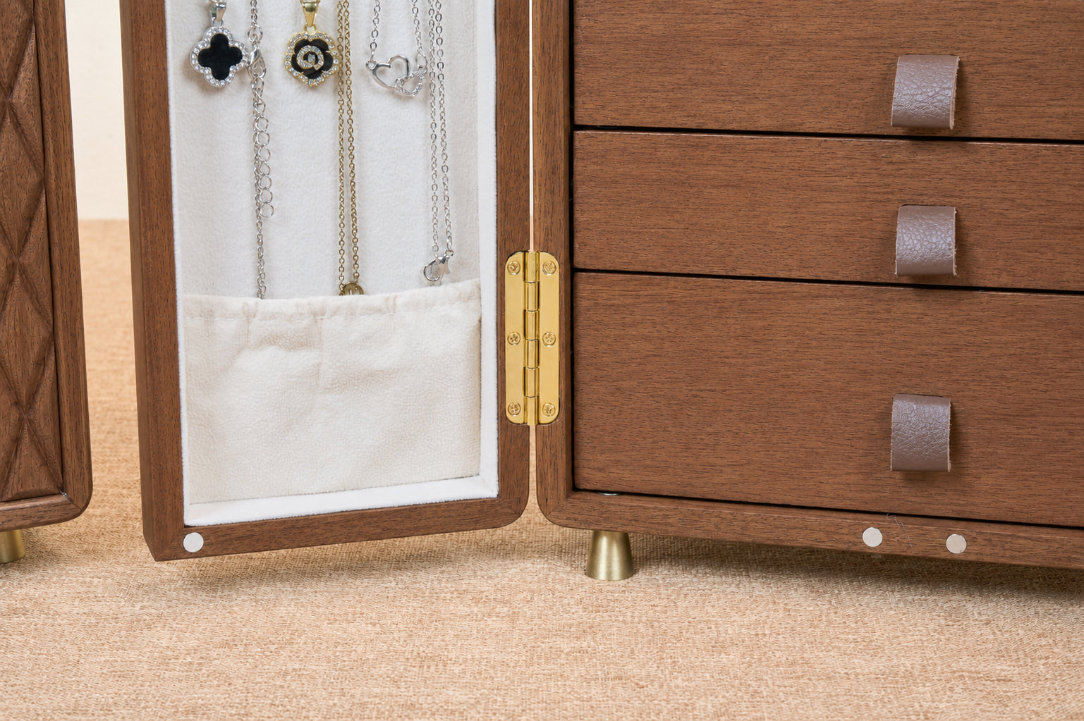 Geometric Walnut Jewelry Cabinet with 5 Drawers & Double Doors 8