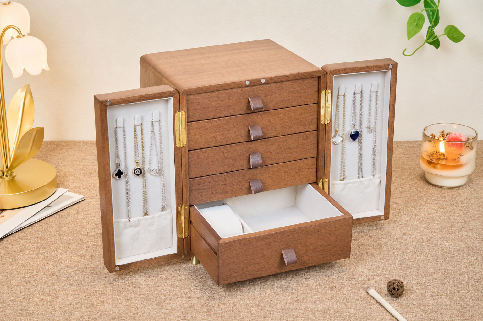 Geometric Walnut Jewelry Cabinet with 5 Drawers & Double Doors 9